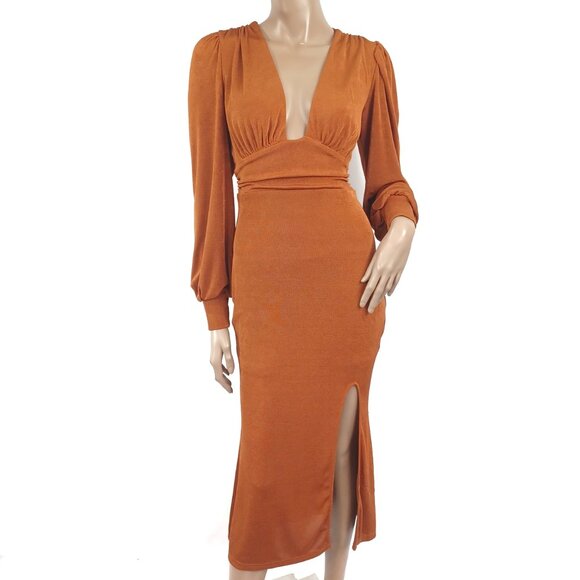 Source Unknown Dresses & Skirts - LS Plunging Neck Line High Waist Stretch Midi Dress M